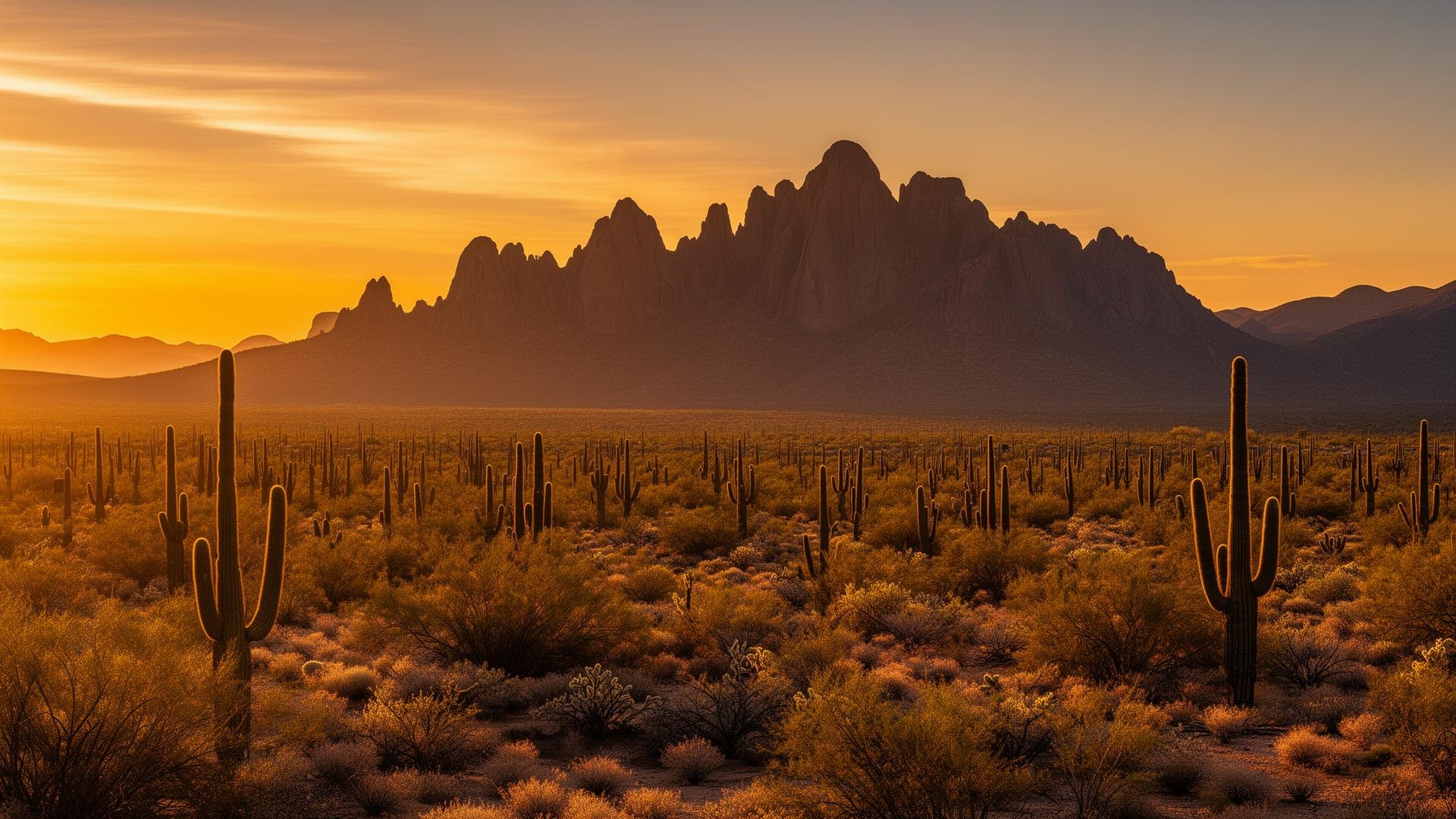 Arizona Sonoran Desert at sunset with saguaro cactus and mountain range